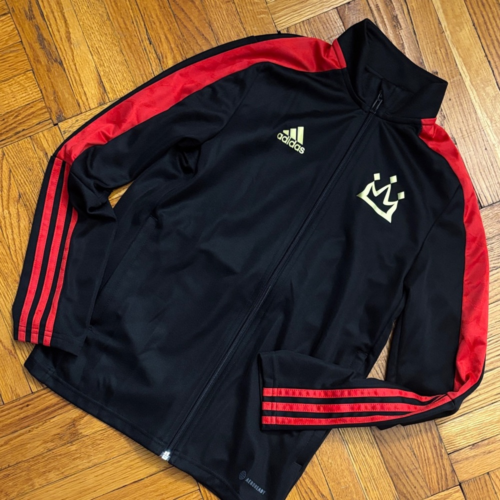 Adidas Black Jacket with Red Stripes and Gold Crown